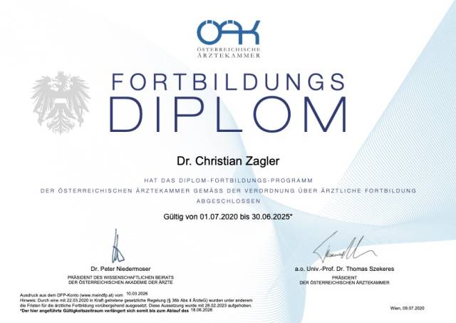 ÖAK Fortbildungsdiplom von Dr. Christian Zagler